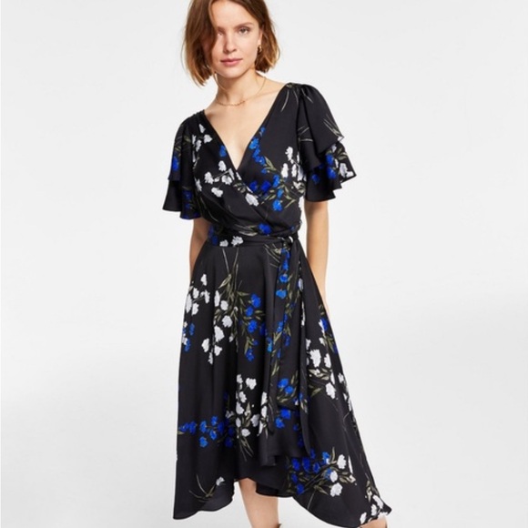 DKNY dress with flutter sleeves deep V neck black blue white floral print sz 16 - Picture 2 of 13